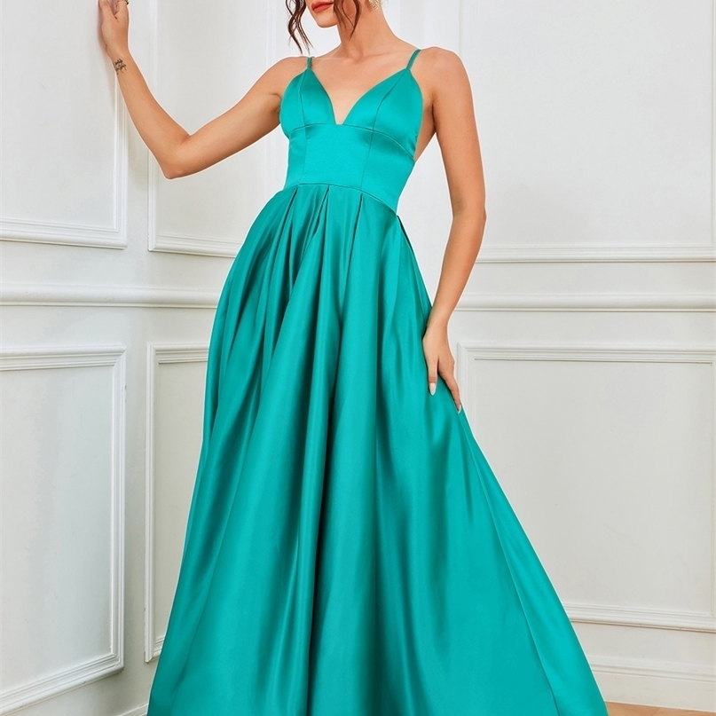 

Sexy V Neck Satin Evening Dresses Strap Side Slit Prom Dress High Waist Evening Gowns Party Dress Robe de soiree 220509, Green