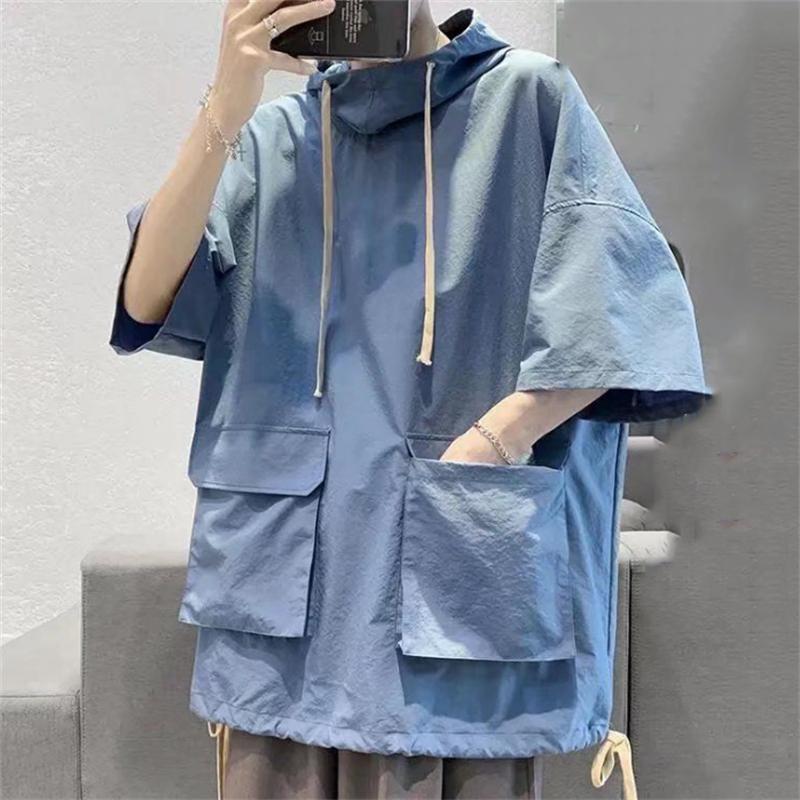

Men' Hoodies & Sweatshirts Summer Fashion Half Sleeve Hooded Tops Korean Style Solid Color Loose Streetwear HoodiesMen, Blue