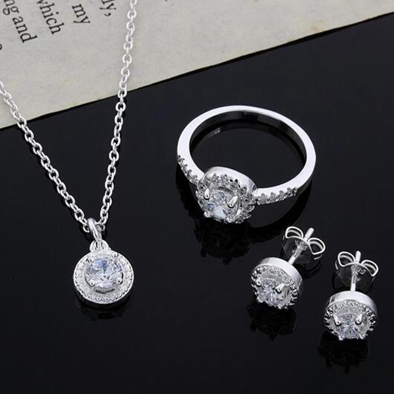 

925 Sterling Silver Zircon Crystal Necklace Ring Earring Sets Christmas Gift Women Shiny Jewelry Set Three Piece For Girls Women Wedding Punk Hip Hop Bijoux, Customize