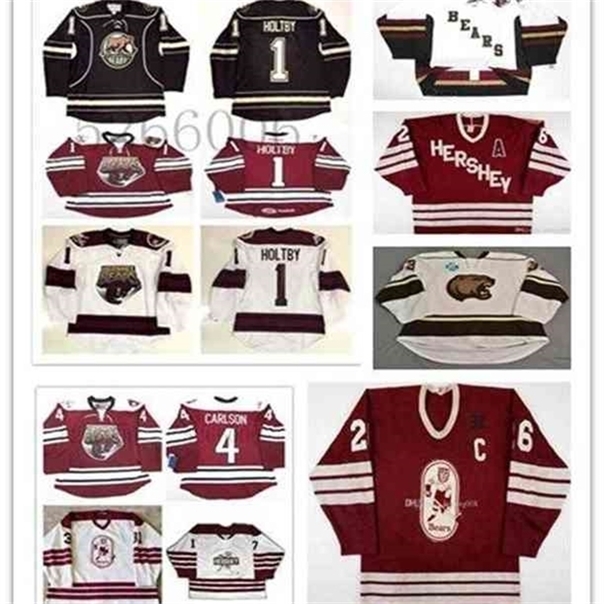 

C26 Nik1 2020 HERSHEY BEARS#1 BRADEN HOLTBY 4 JOHN CARLSON Hockey Jersey Embroidery Stitched Customize any number and name Jerseys Hockey Jersey, Brown