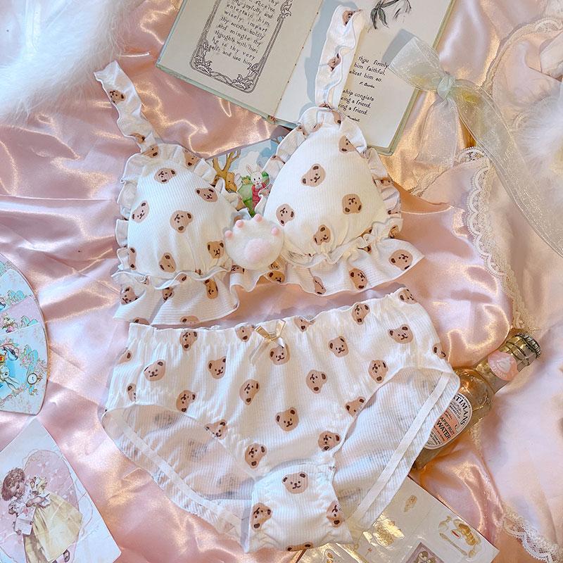 

Bras Sets Soft Girl Lolita Underwear Bra And Panty Set Anime Cosplay Cartoon Kawaii Bear Sweet Intimate Women Comfortable Cotton, White
