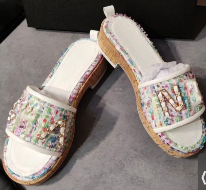 

Confetti Tweed Slides Women Sandal Dress Shoes Platform Low Heels Slippers, As show