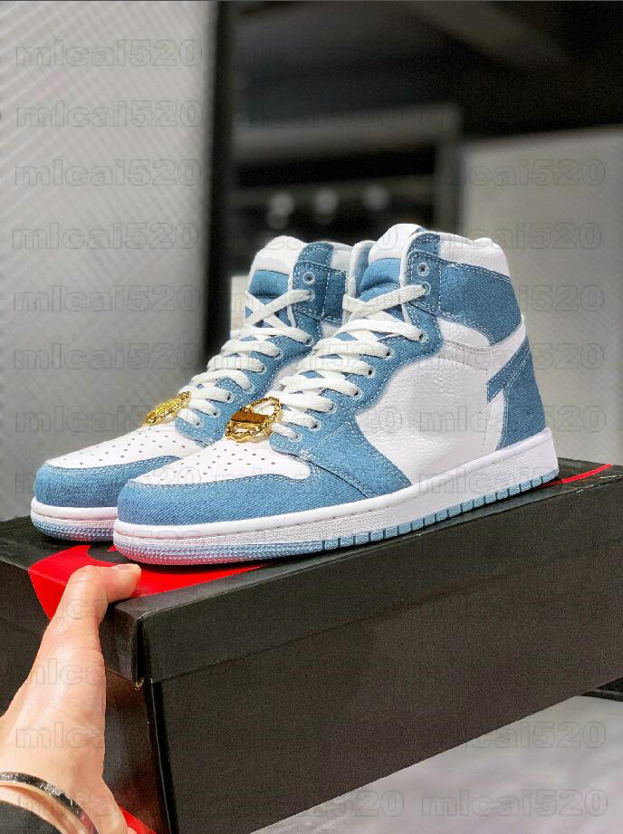 

1 Jumpman 1s High OG WASHED DENIM Basketball Shoes Gold Logo Top Layer Cowhide Blue Denim Trainer Sports Sneakers, Others