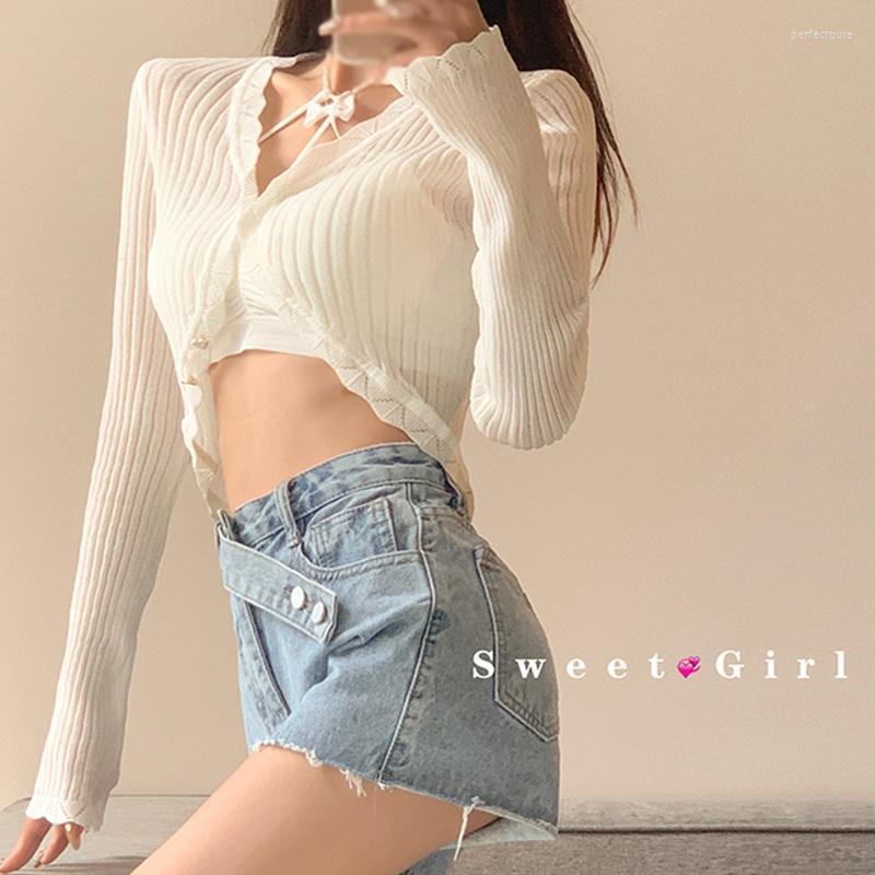 

Women's Knits & Tees Korean Women Solid Cardigan Irregular Slim Exposed Navel Knitted Sunscreen Autumn Spring V-neck Casual Outwear Perf22, Black