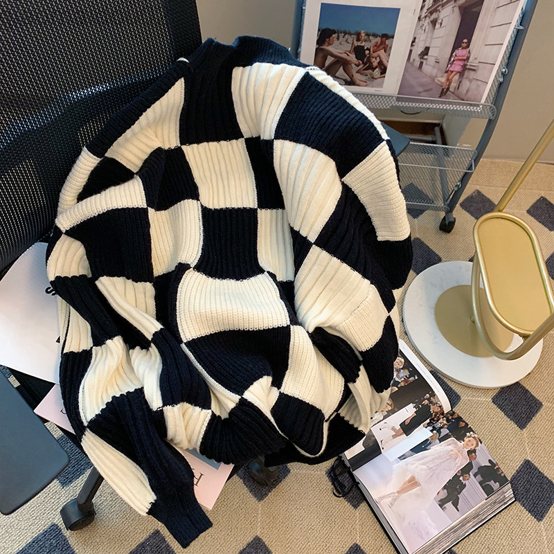 

2022 Plaid Sweaters For Women Black White checkerboard O-neck Pullovers Knitted Loose Patchwork Autumn Winter Long Sleeves Warm L220802, Plate