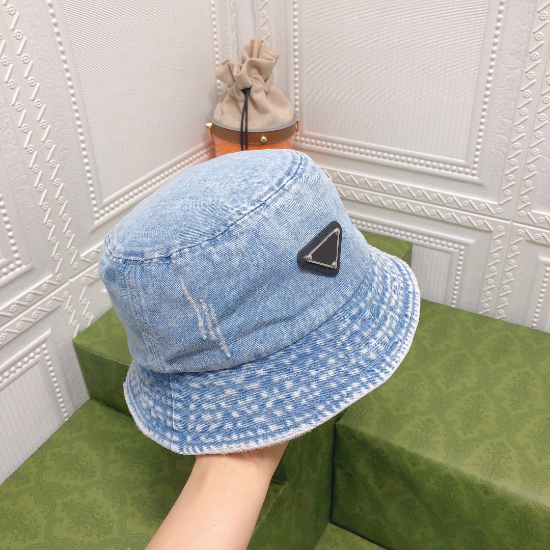 

Bucket Hat Summer Wide Brim Hats Denim Material Metal Triangle Luxury Designer, Blue