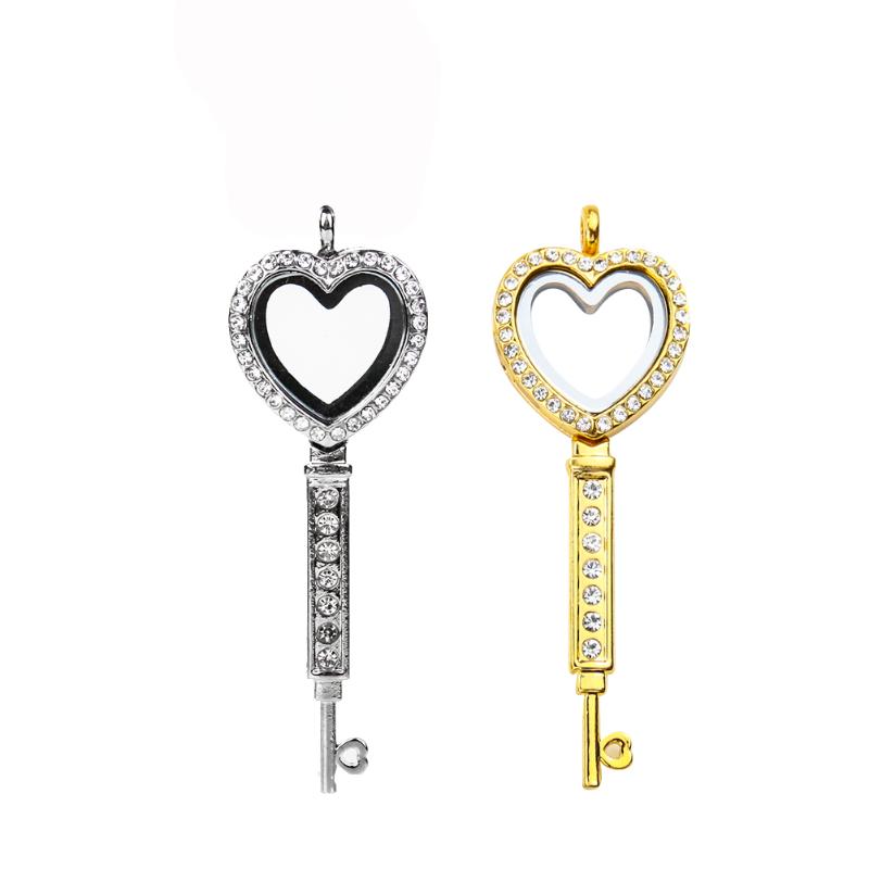 

Pendant Necklaces Fashion Heart Key Po Keepsake Memory Magict Glass Picture Locket DIY Making Necklace Rhinestone Zircon Jewelry Gift