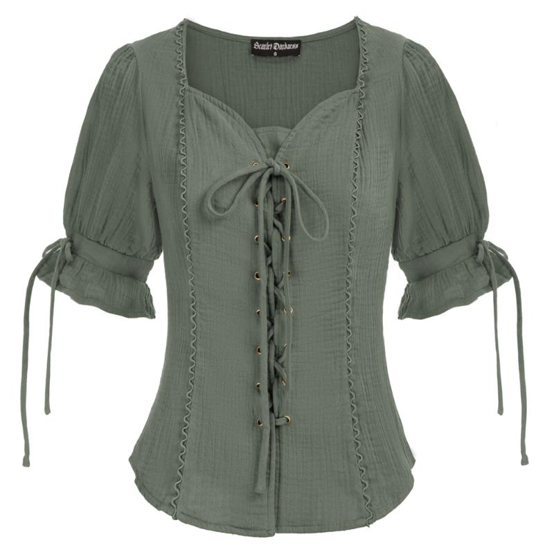 

Women' T-Shirt Women Renaissance Shirts Short Sleeves V-Neck Tops Adjustable Lacing At Front Pullover Blouse Retra Vintage Summer T-shirtsW, Black