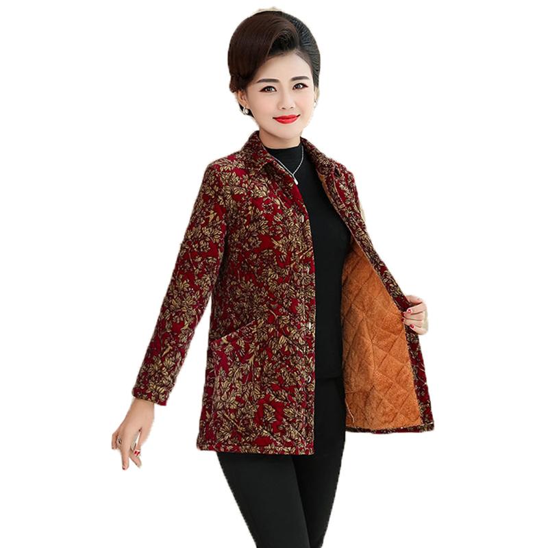

Women's Trench Coats Middle-aged And Elderly Cotton Quilted Women's Coat Autumn Winter Print Shirt Jacket Women Add Velvet Warm Outwear, Red
