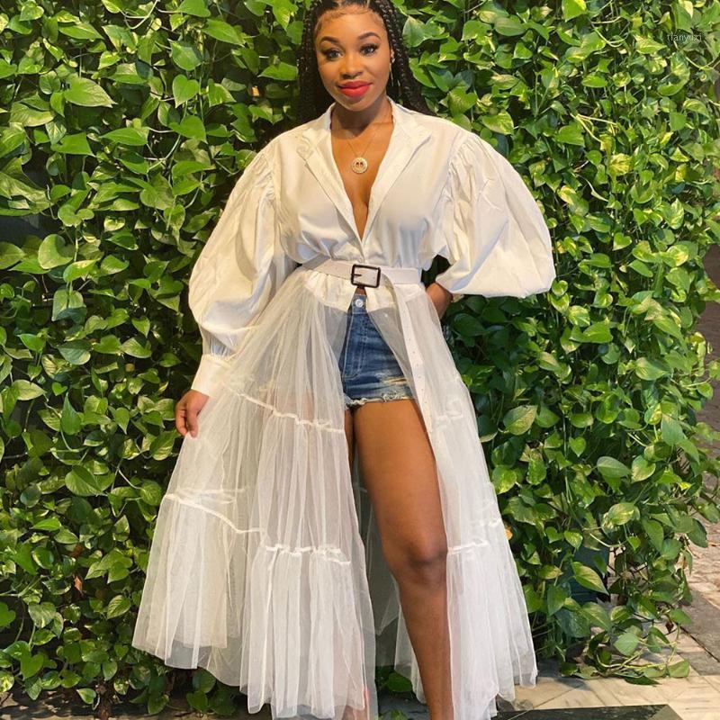 

Casual Dresses Mesh Patchwork White Shirt Dress Fall Clothes For Women Button-up Lantern Sleeve Long Streetwear Night Club Party, Purple