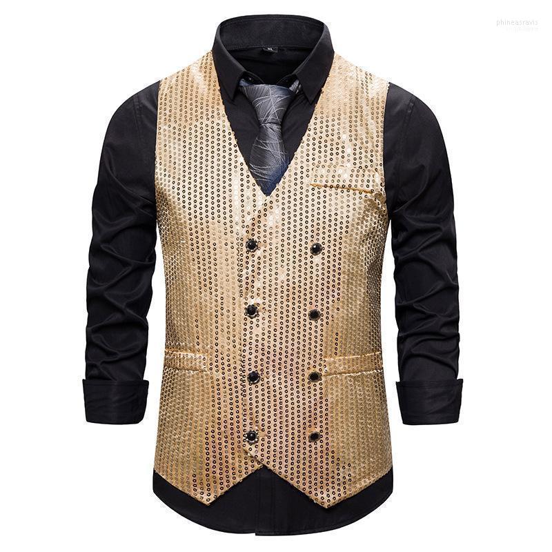 

Men' Vests Shiny Double Breasted Mens Sequine Casual Slim Fit Sleeves Waistcoat Men Stage Singers Night Club Chalecos Para Hombre Phin22, Black
