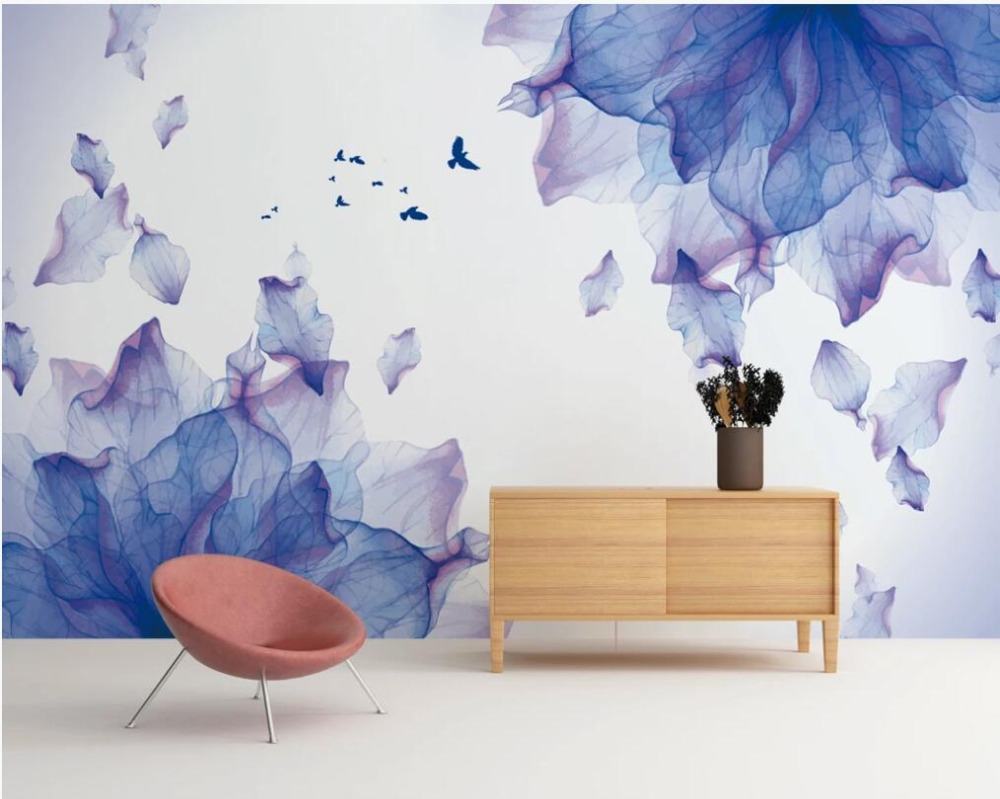 

Large custom home decoration wallpaper mural fashion beautiful purple petals flying birds background wall wall covering, Blue