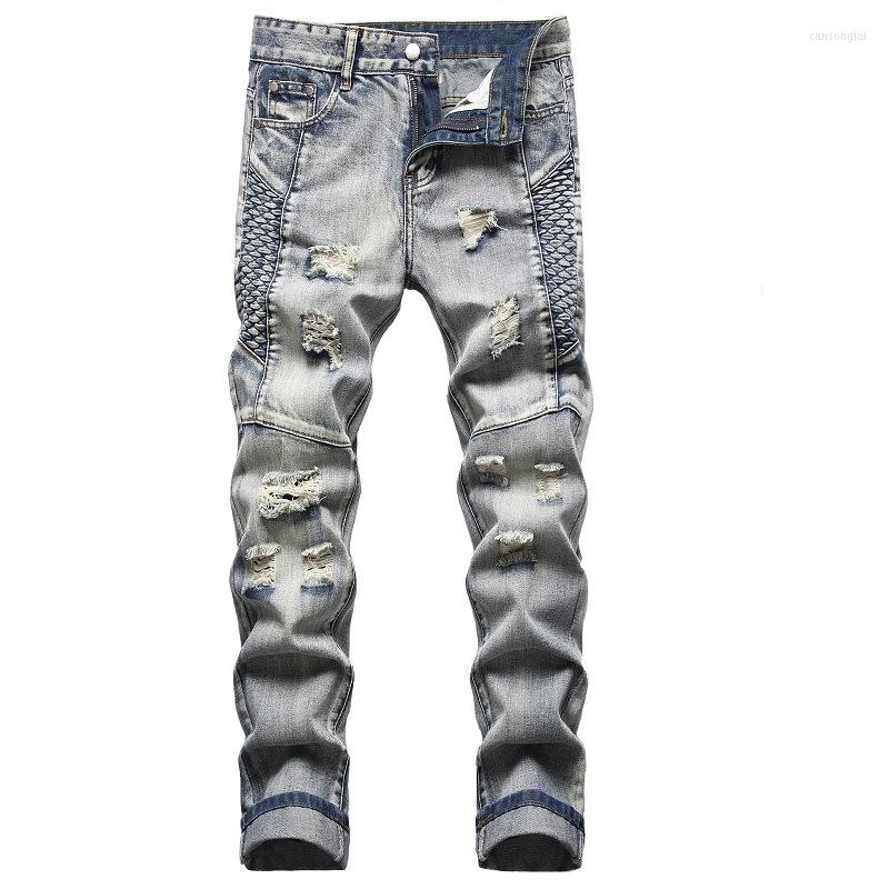 

Men's Jeans High Quality Men Casual Coated Slim Straight Pleated Biker Pants Male Denim Size 29-42 Man TrousersMen's, Blue