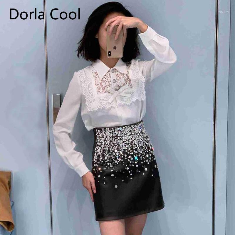 

Spring Blouse For Women Sexy Lace Patchwork Perspective Tops Sweet Bow Chiffon Shirts Office Lady' Long Sleeves Blusas Women' Blouses, White