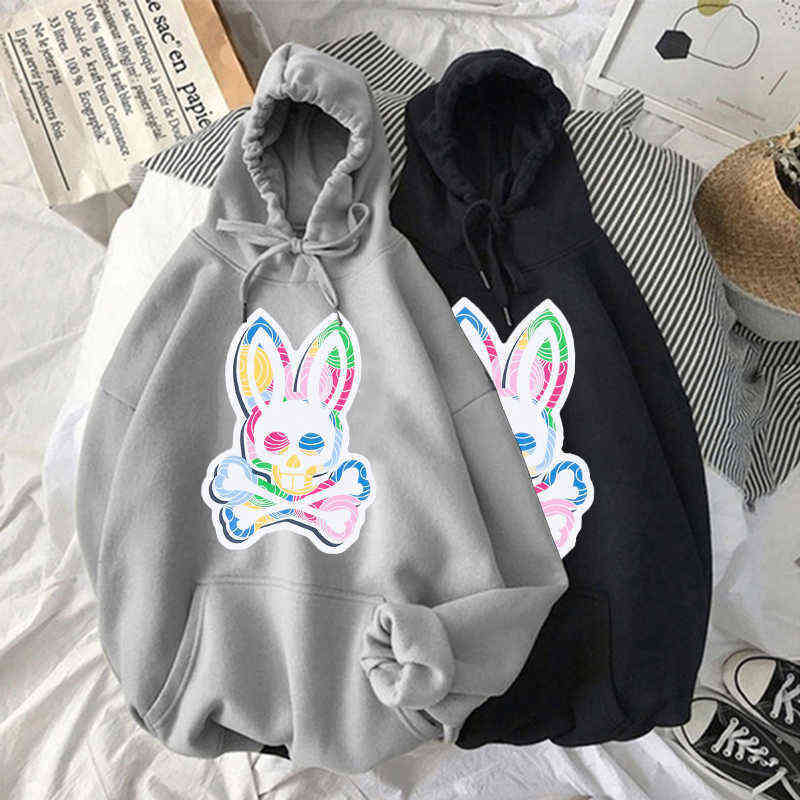 

Men' Psycho Skeleton Bunny Printed Hoodies Sports Daily Colorful Design Drawstring Hoodie Man Harajuku Hooded Streetwear, White