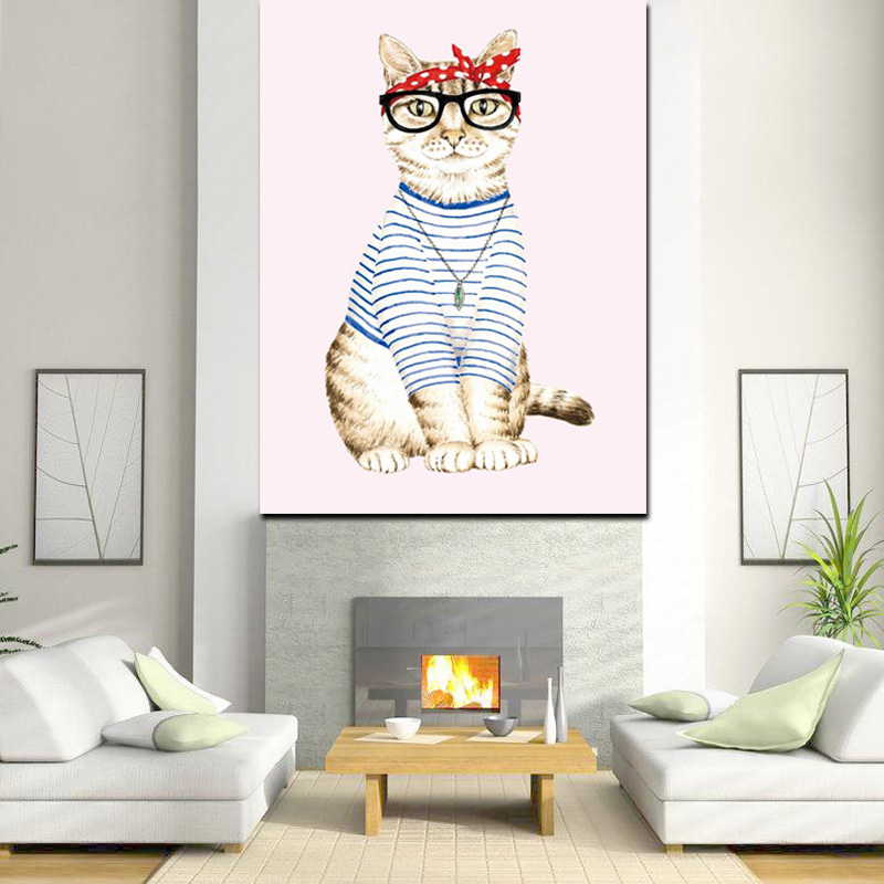 

HD Print Abstract Cat Dress Up Cut Girl Animal Oil Painting on Canvas Pop Art Wall Picture For Living Room Sofa Cuadros Decor