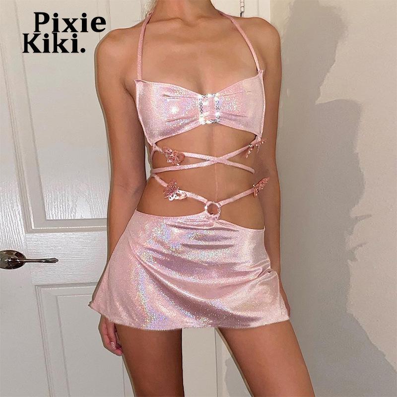 Robes de travail pixiekiki 2022 paillettes roses en deux pièces fées grunge crop top mini jupe vêtements d'été sexy club rave festival tendu p82c