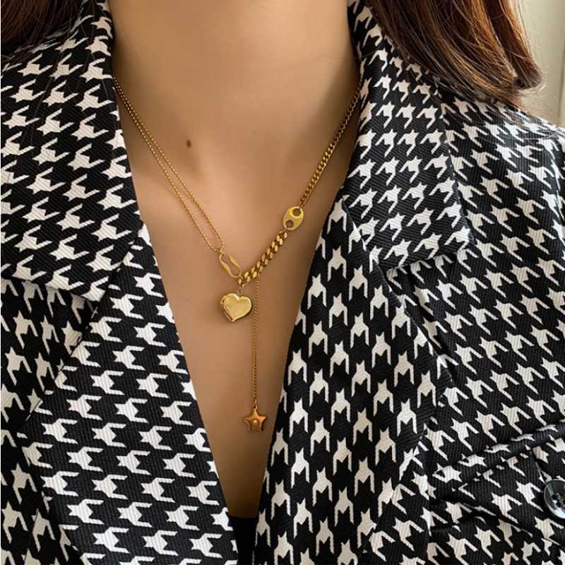 

Pendant Necklaces Stainless Steel Fashion Upscale Jewelry Heart Zircon Star Tassel Charms Thick Chain Choker Pendants For WomenPendant