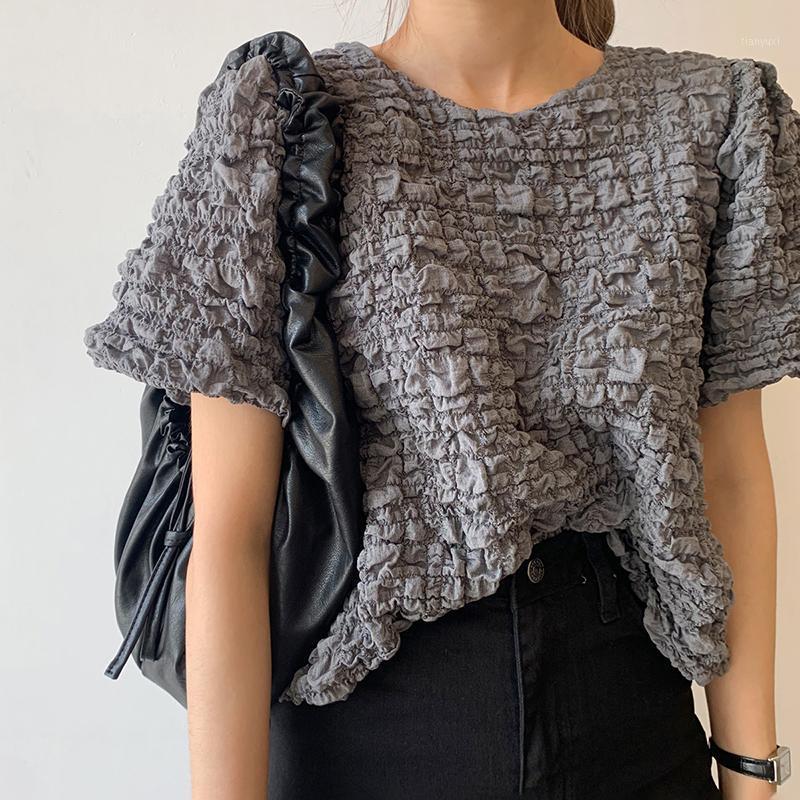 

Women's Blouses & Shirts Korean Chic Retro O Neck Three-dimensional Pleated Loose All-match Puff Sleeve Tops Women Fashion Streetwear 2022, Gray