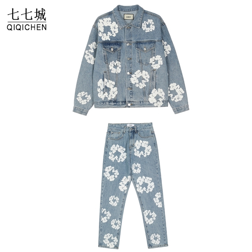 

Denim Jacket and Jeans Set Men Flower Graffiti High Street Autumn Street Loose Coat Straight Pant Casual Vintage Washed Suit 220726, Black pants