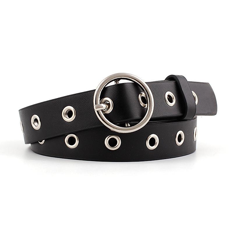 

Belts Women PU Leather Belt Round Metal Pin Buckle Circle Brand Fashion Punk O Ring For, Black