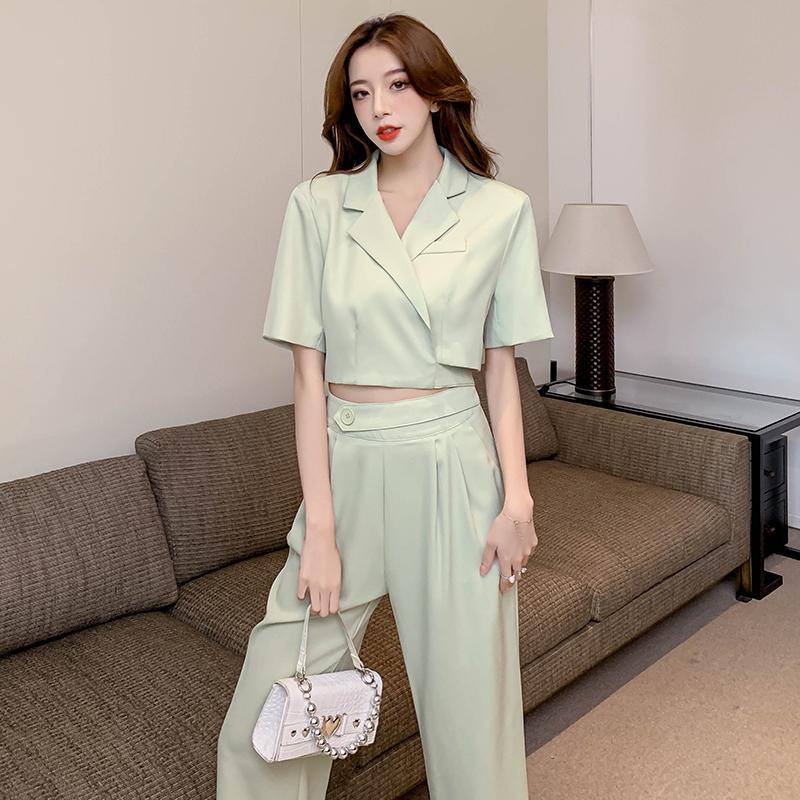 

Women' Two Piece Pants Summer Blazer Suits For Women 2 Set Outfits Lace-up Short Jacket Crop Top High Waist Pant Office Lady Ensemble Femme, Black set