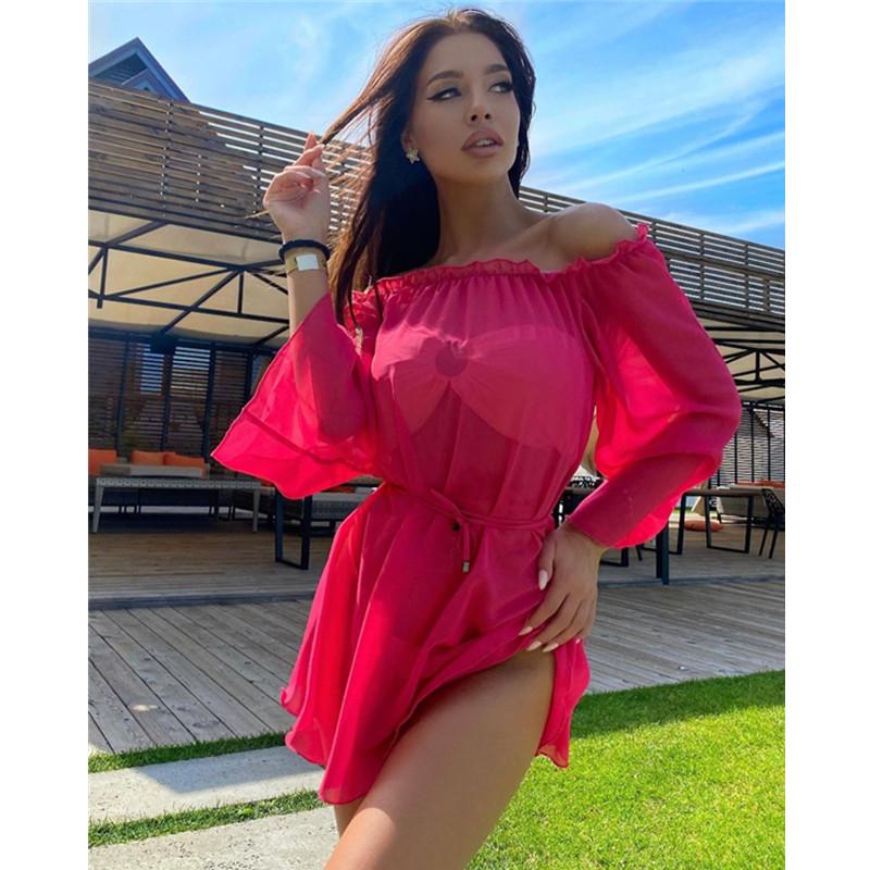 

Women's Swimwear Women Summer Sexy Perspective Bikini Beach Cover Up Dress Smock Off Shoulder Short Bikinis Ups BeachwearWomen's, Red