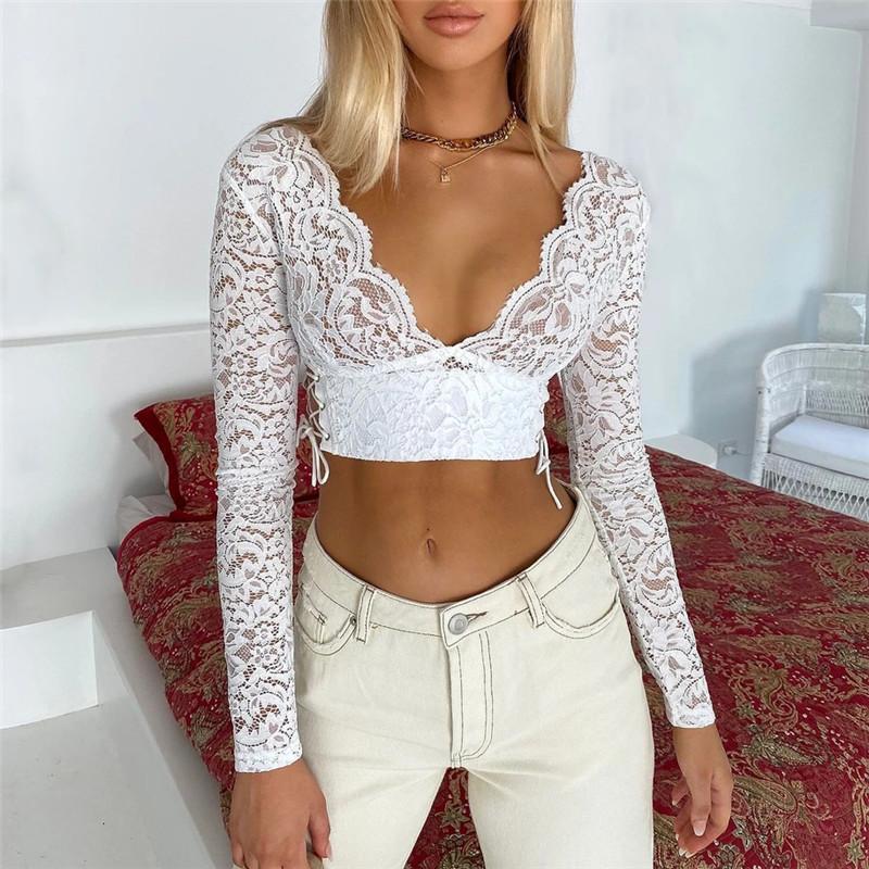 

Women's Blouses & Shirts 2022 Spring Women Tops And Elegant Boho Beach Mesh Lace Shirt Ladies V Neck Crop Top Fashion Sexy Playa Streetwear, White