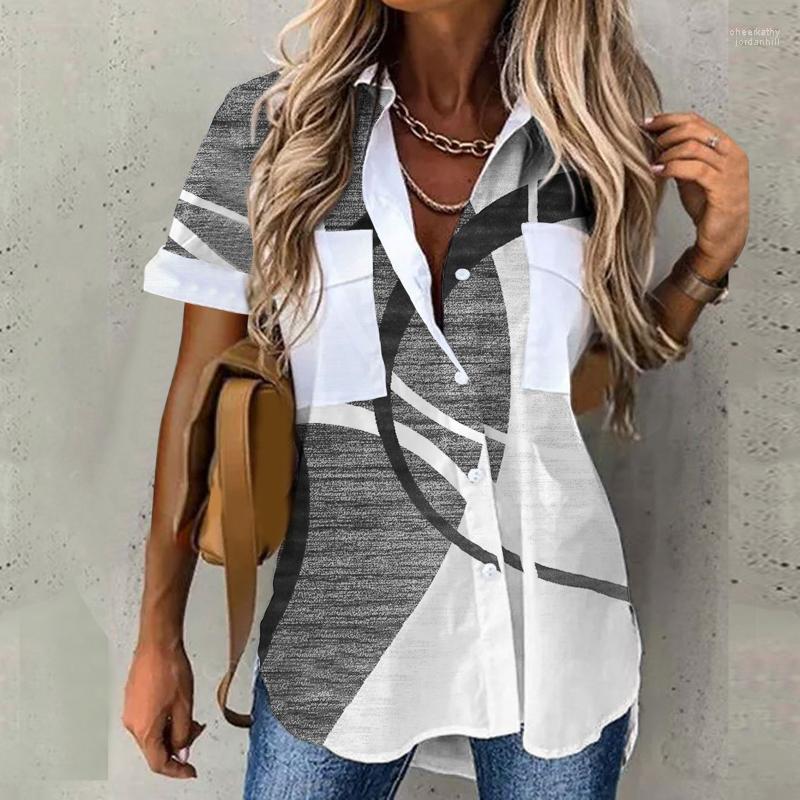 

Women' Blouses & Shirts Fashion Printed Shirt Women Casual Short Sleeve Turn Down Collar Buttons Blouse Tops Summer Vintage High Street Wom, Gray