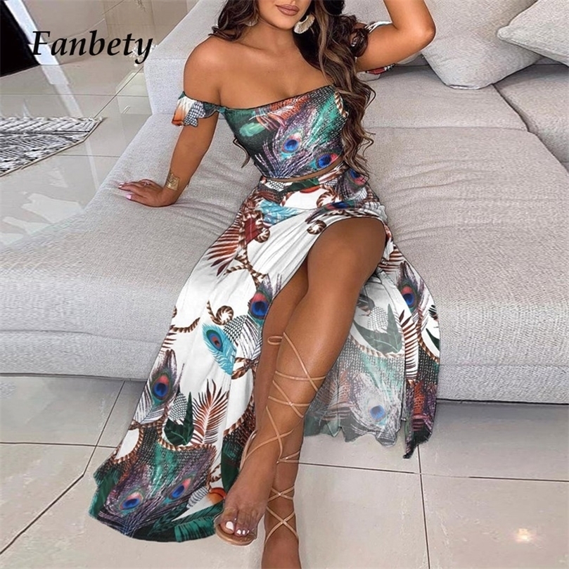 

Summer Casaul Skirt Outfits Women Elegant Sexy Off Shoulder Tops And Split Long Dress Suits Fashion Floral Print Two Piece Sets 220527, Pink floral