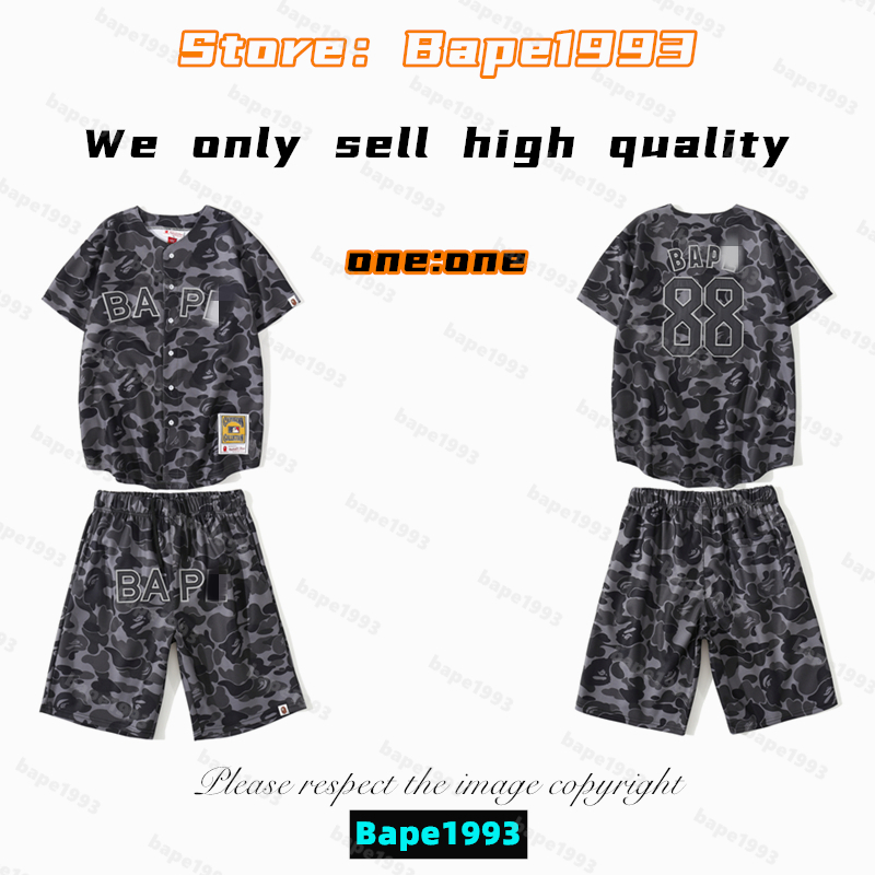 

High Quality Apes Mens t-Shirts & Shorts Sets Japan Shark B ape head Galaxy spots luminous camo co-branded same style for men and women 100% cotton New tshirt set 1993 TZD2-17, 1 button