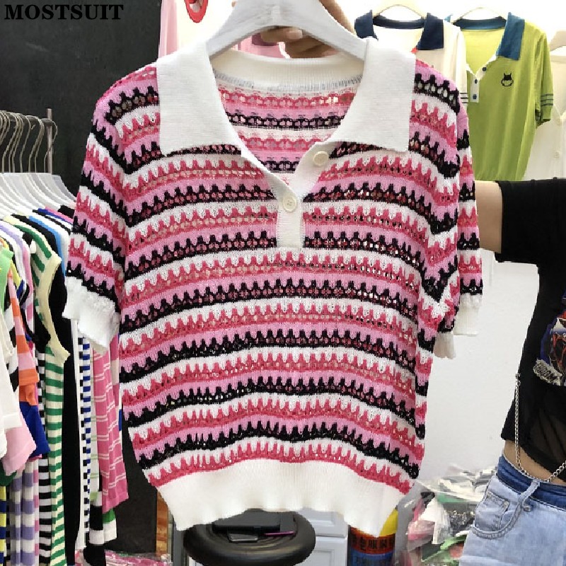 

Striped Hollow Knit Sweater Top Women 2022 Casual Vintage Fashion Korean Pullover Short Sleeve Chic Thin Knitted T-shirt, Navy