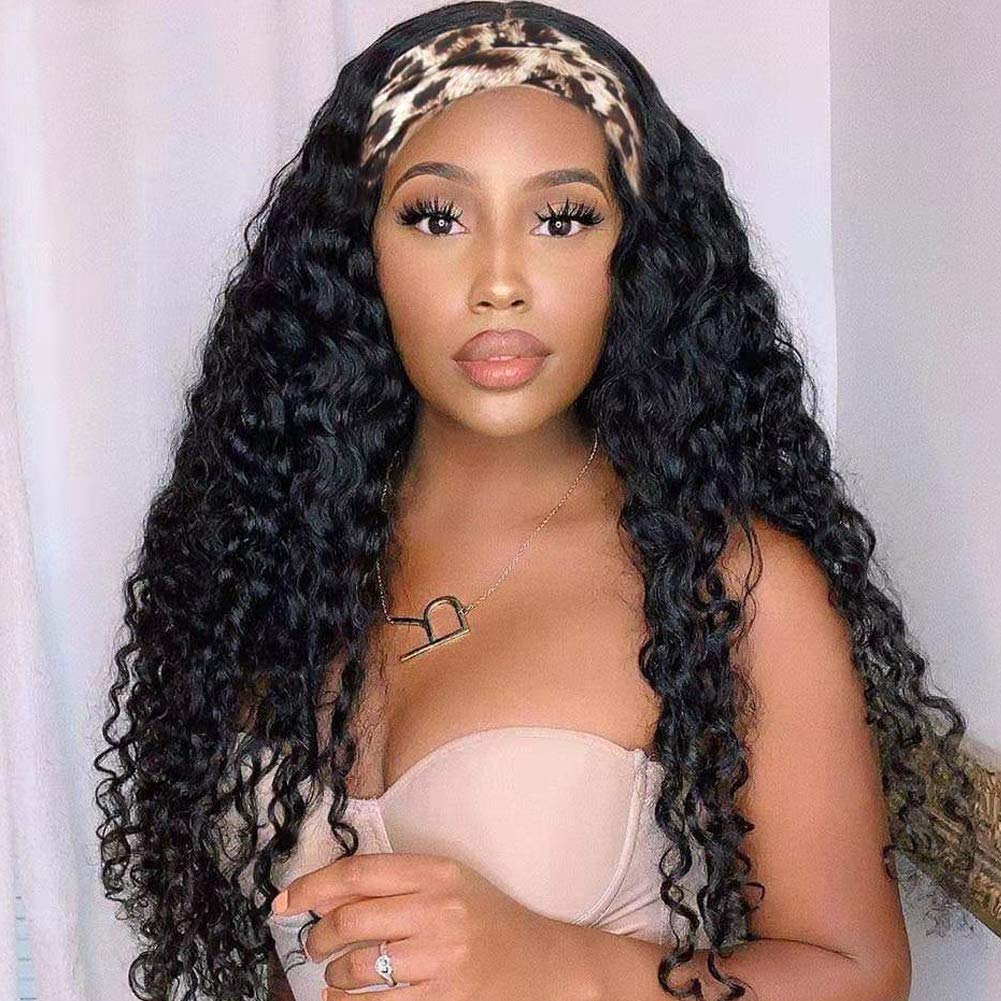 

LX Brand Deep Water Wave Headband Wig Human Hair Glueless Full Machine Made Wigs Remy Loose Curly Human Hair Scarf Wig For Black Womenfactor, 150%