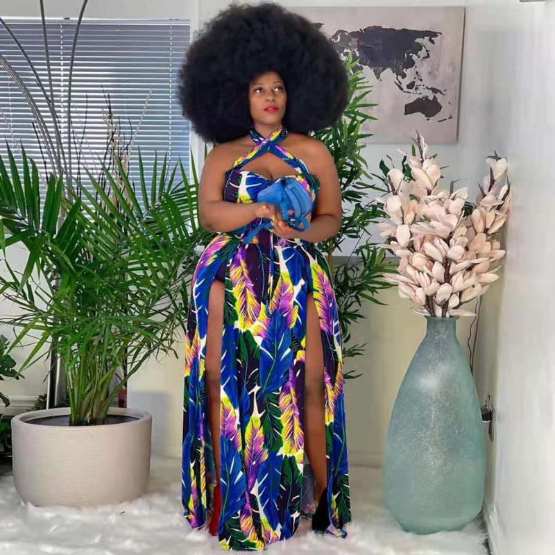 

Plus Size Dresses Women Clothing Fashion Sleeveless Print Sexy Slit Halter Dress Long Tassel Hanging Neck Vocation Beachwear Maxi DressPlus, Orange