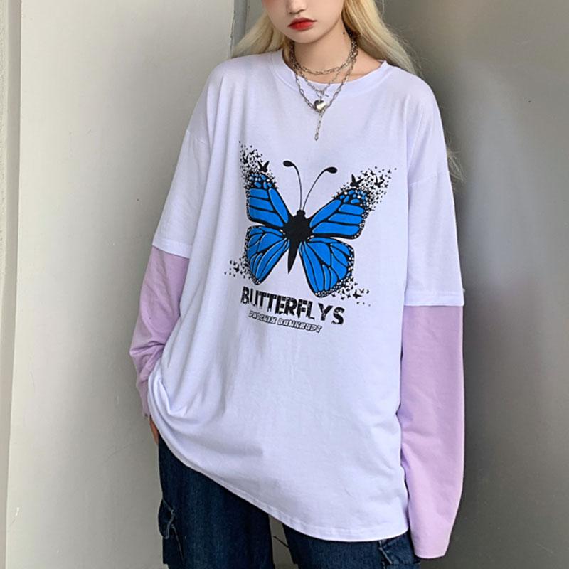 

Women's T-Shirt Pastel Purple Long Sleeve With Printed Butterfly Oversized Tee Top Women Soft Girl Aesthetic Streetwear /Women's, Lavender