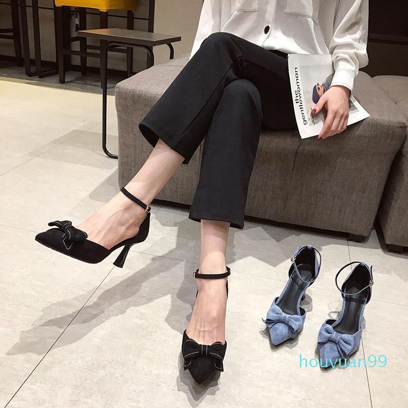 

Fashion Dress Shoes Blue&black Bow-knot Summer Sandals Sweet Girls Thin High Heels Woman Solid Flock Pointed Toe Shallow Sandalias Cover