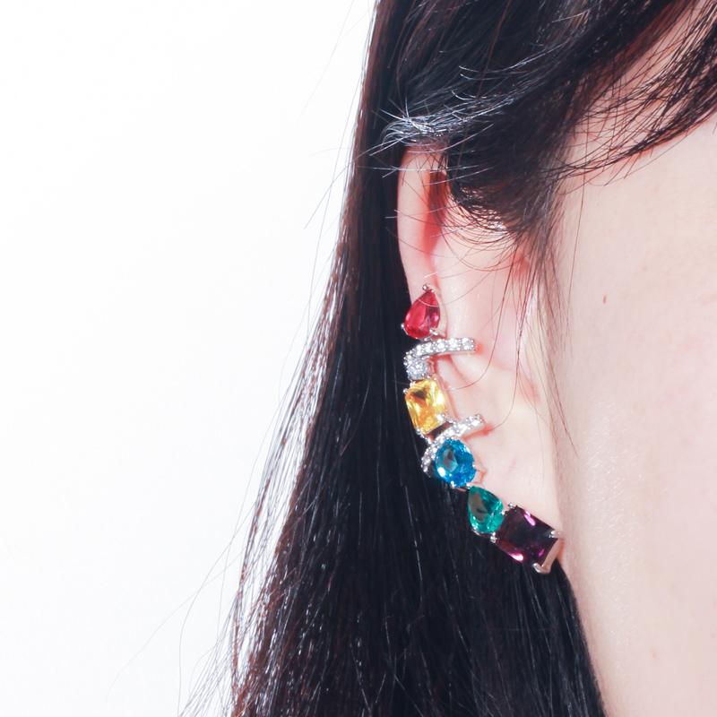 

Stud QooLady High Quality Yellow Red Fashion Cubic Zirconia Ear Cuff Clip On Half Round Design Long Earrings For Women E019Stud