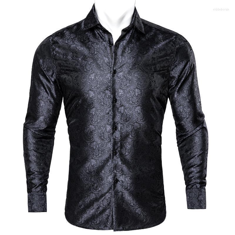 

Men's Dress Shirts Barry.Wang Luxury Black Paisley Silk Men Long Sleeve Casual Flower Silver For Designer Fit Shirt BY-0054Men's Eldd22, Cy-0063