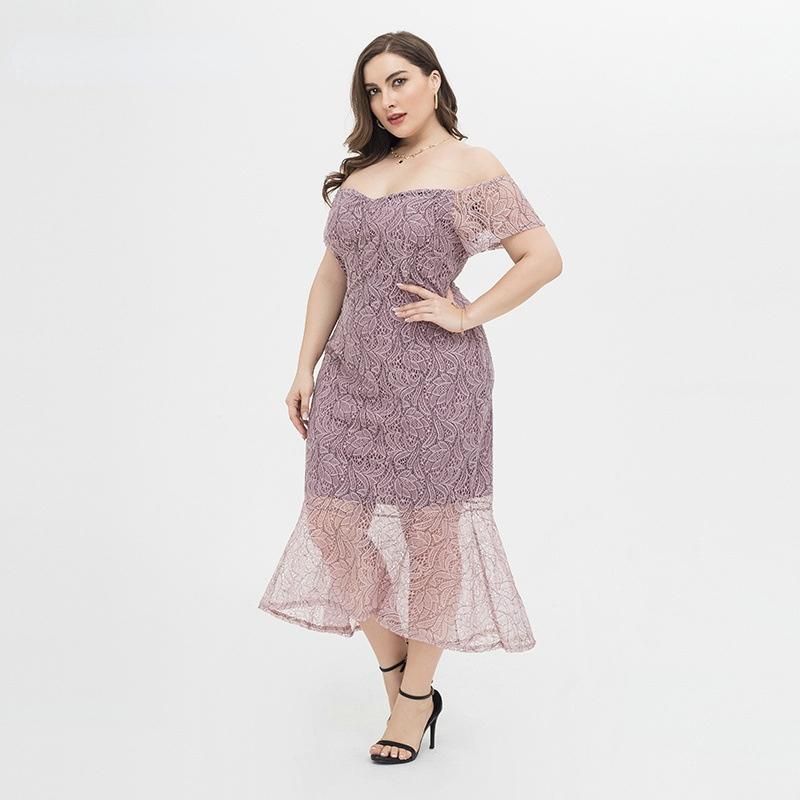 

Plus Size Dresses 2022 Summer Women's Dress Large Short Sleeve Lace Lotus Root Pink Slim Fit Bra Elegant Long  / 4XL, Lotus root powder
