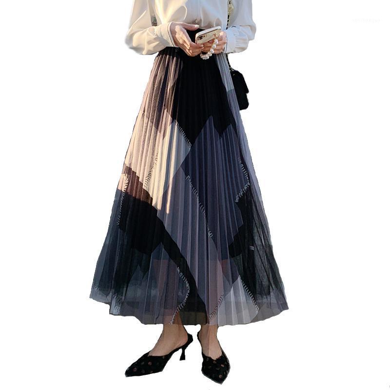 

Skirts 2022 Spring Summer Women Elastic High Waist Slim Long Skirt Korean Fashion Contrast Color Patchwork Mesh Tulle, Black