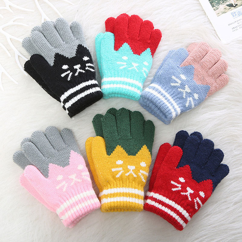 

Child Kids Baby Girls Boys Winter Knitted Gloves Cartoon Warm Mittens Toddlers Outdoor Cartoon Cats Cute Glove, Blue