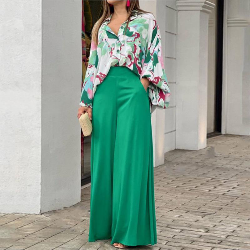 

Women's Two Piece Pants Autumn Loose Casual Long Sleeve Puff Printed Shirt Top Elegant Wide Leg Sets Womens Office WearWomen's