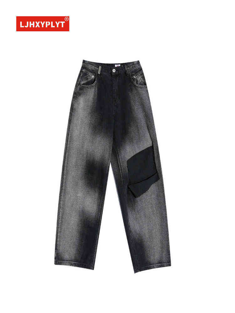 

Black Tie-dye Ripped Jeans Women' Summer Retro HK Style Design Neutral Denim Trousers Loose Straight-leg Wide-leg Pants Female T220728
