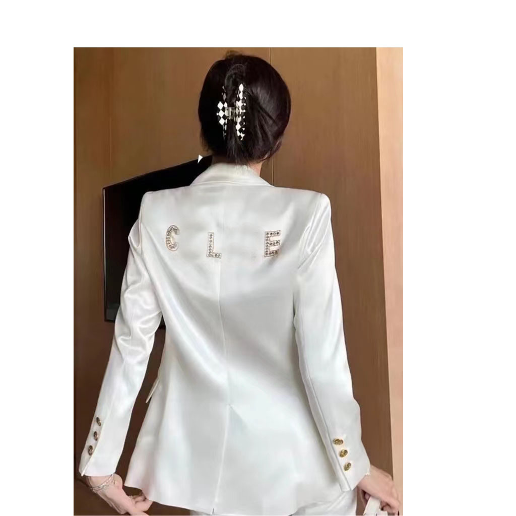 

Early spring 2022 New satin acetate back heavy industry letter nail drill slimming button blazer women, White
