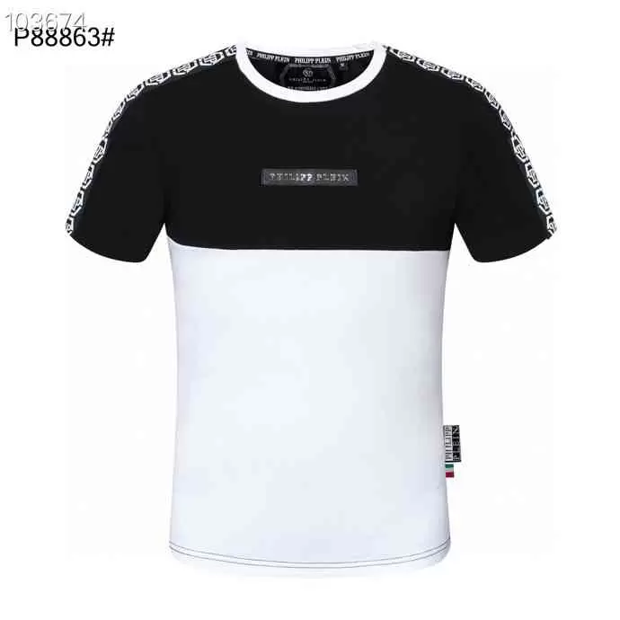 

Designer Philip metal letter short sleeve round neck slim fit T-shirt ribbon European and American fashion brand pure IJR Philipps Pleins, Black