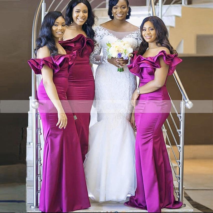 Volants épaules dénudées longues robes de demoiselle d'honneur Simple Fuchsia sirène Sukienki soirée robe de soirée de mariage Hochzeit fête Klei