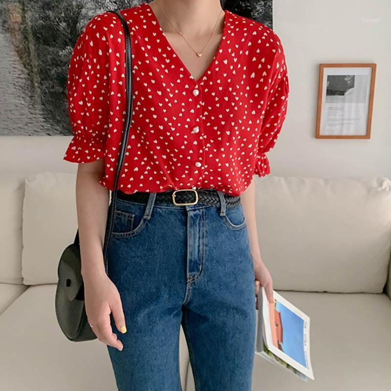 

Women' Blouses & Shirts Casual V-Neck Fashionable Single Breasted Blouse 2022 Summer Vintage Pagoda Sleeve Simple Print Sweet Tops, Red