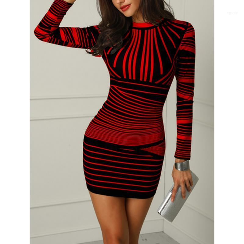 

Sexy Women' Mini Pencil Dress Bodycon Long Sleeve Striped Print Evening Party Short Slim Ladies Clubwear Casual Dresses, Red