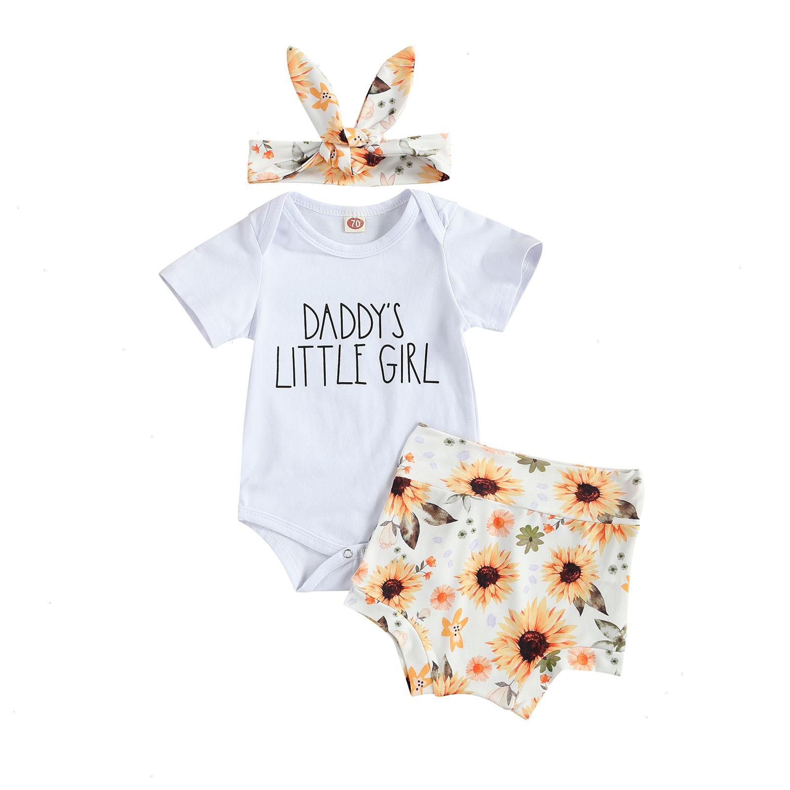 

Cute Baby Girls Clothes Sets 0-18m Short Sleeve Letter Romper Tops Sunflowers Shorts Headband, As picture