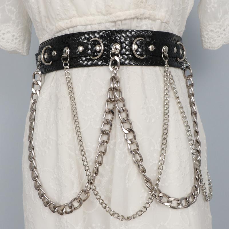 

Belts European PUnk Alligator Pattern PU Leather Waist Belt Wide Chain DJ Night Club Waisbtand Women Rivet Statement Strech Cinturones, Black